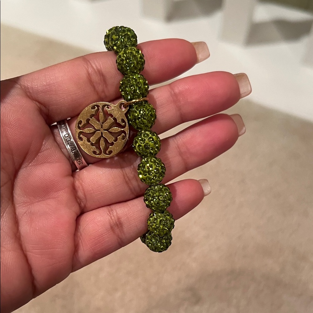 Rustic Cuff Green Beaded Bracelet with Gold Charm